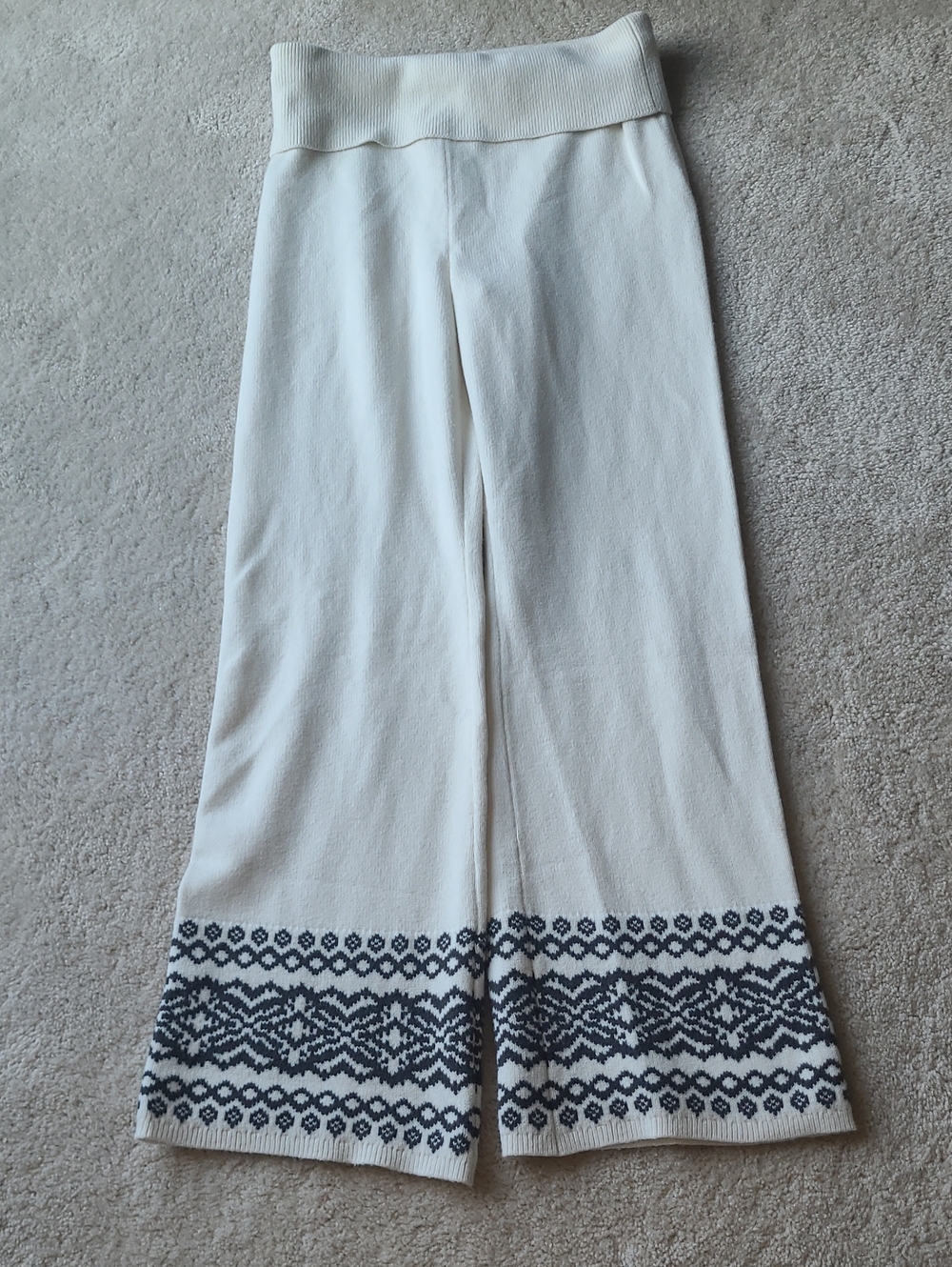 aerie Cream Wide-Leg Knit Pants with Gray Fair Isle Hem